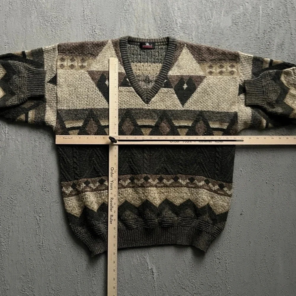 Vintage Mayser Sweater XL Brown 1990s Geometric V-Neck Knit Pullover - Picture 4 of 7